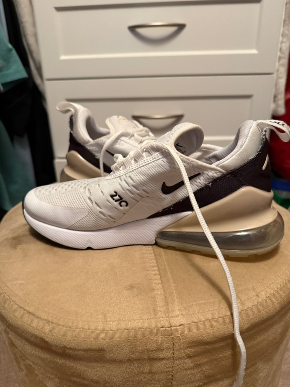 Nike Air Max 270 Athletic Shoes in White and Black with Tan Accents